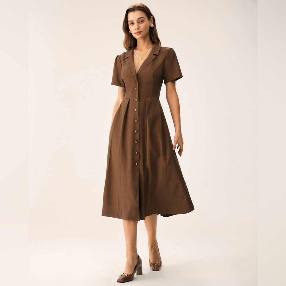 RIHOAS Brown Pleated A-Line Midi Dress S